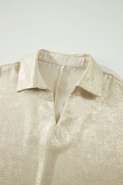 Beige Collared V Neck Half Sleeve Metallic Top