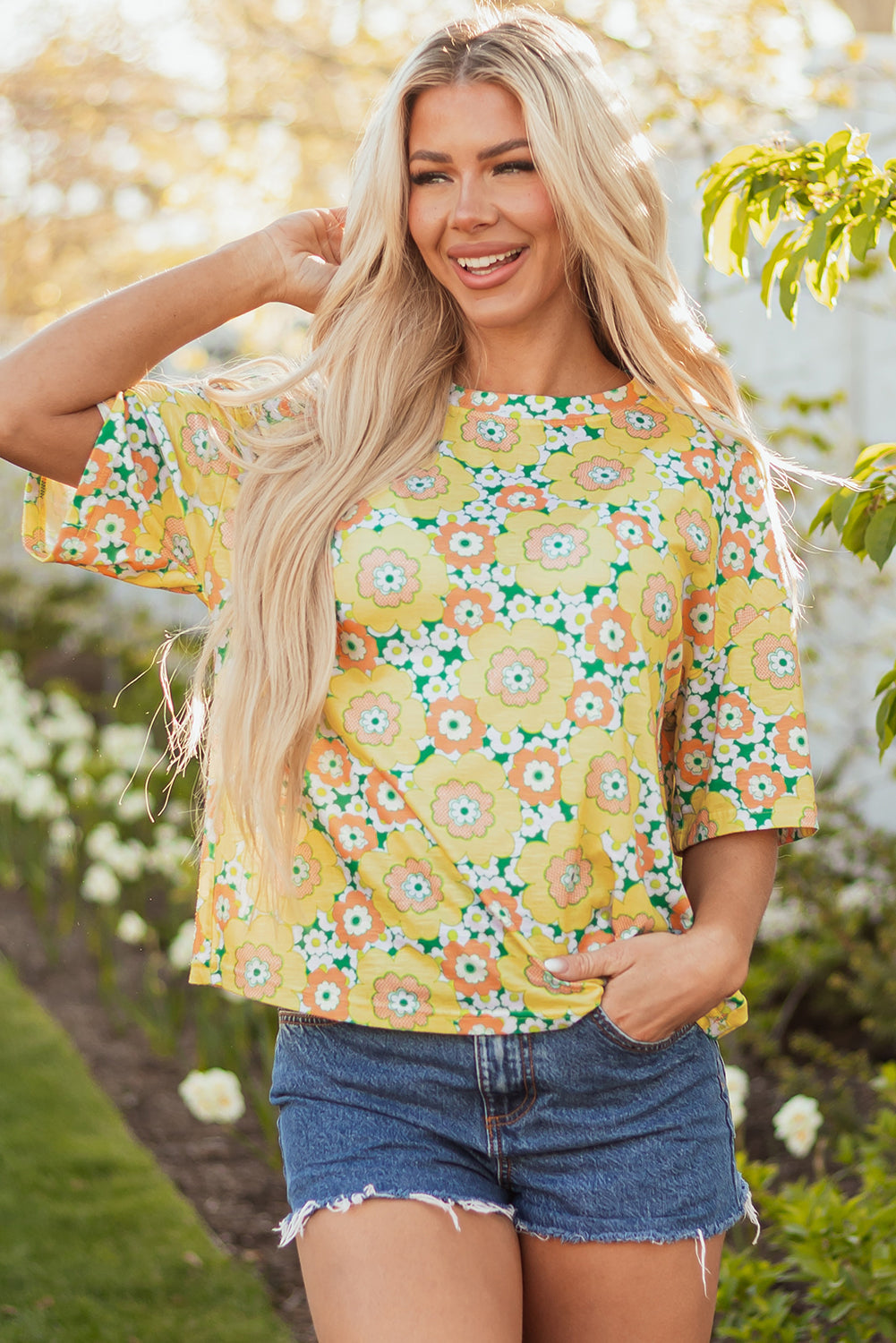 Yellow Summer Flower Printed Drop Shoulder Loose T Shirt - Snoopy's Closet