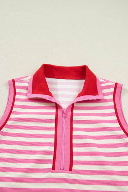 Sachet Pink Textured Stripe Print Contrast Trim Zip Collar Sleeveless 2pcs Skort Set - Snoopy's Closet