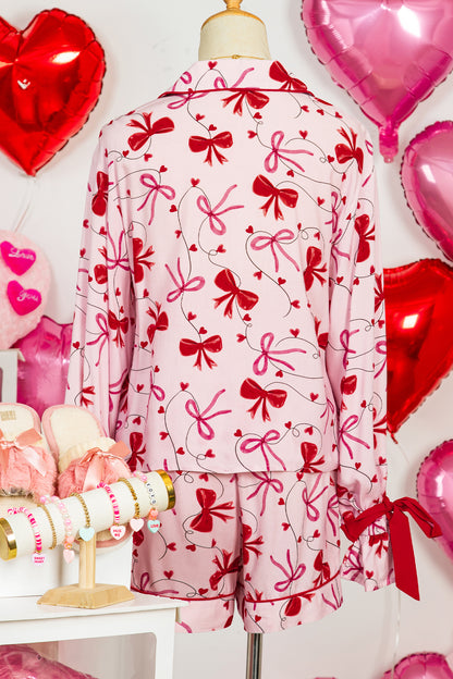 Red Bow Print Valentine Long Sleeve Shirt Shorts 2 Pcs Pajama Set - Snoopy's Closet