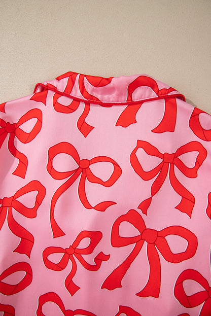 Pink 2pcs Bow Print Shirt Style Long Sleeve Pajama Set - Snoopy's Closet