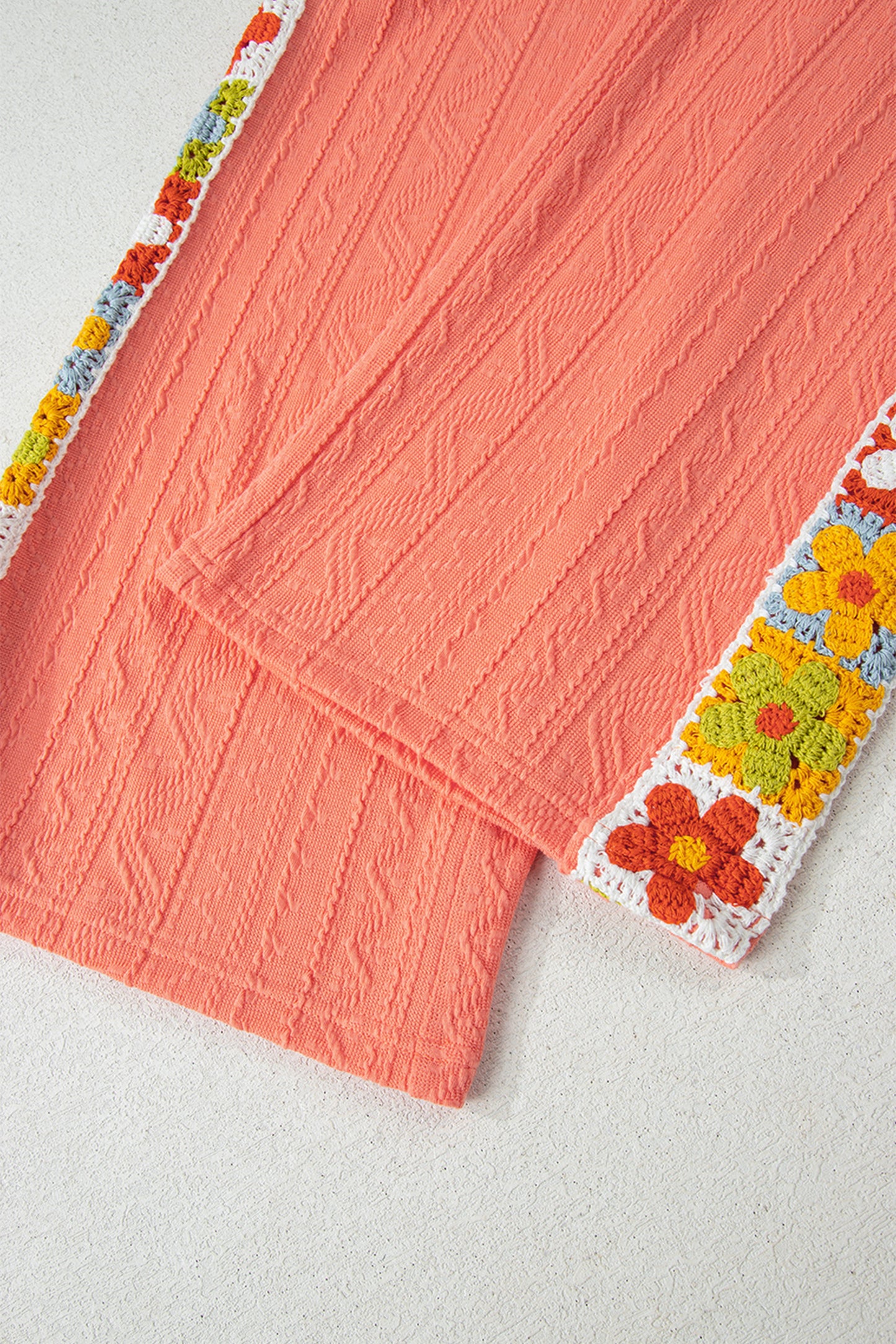 Grapefruit Orange Crochet Floral Accent V Neck Textured Pants Set - Snoopy's Closet