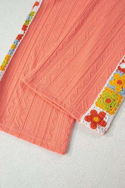 Grapefruit Orange Crochet Floral Accent V Neck Textured Pants Set - Snoopy's Closet