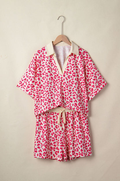 Rose V Neck Collar Leopard Printed 2pcs Short Set - Snoopy's Closet