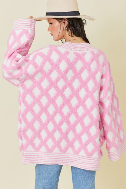 Pink Rhombus Pattern Knit Open Front Pocketed Cardigans - Snoopy's Closet