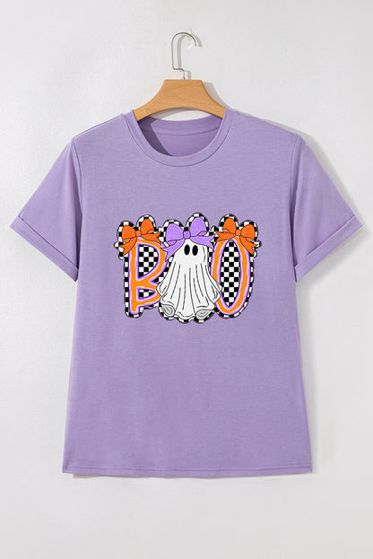 Camiseta gráfica de Halloween con fantasma y lazo a cuadros de glicina Boo