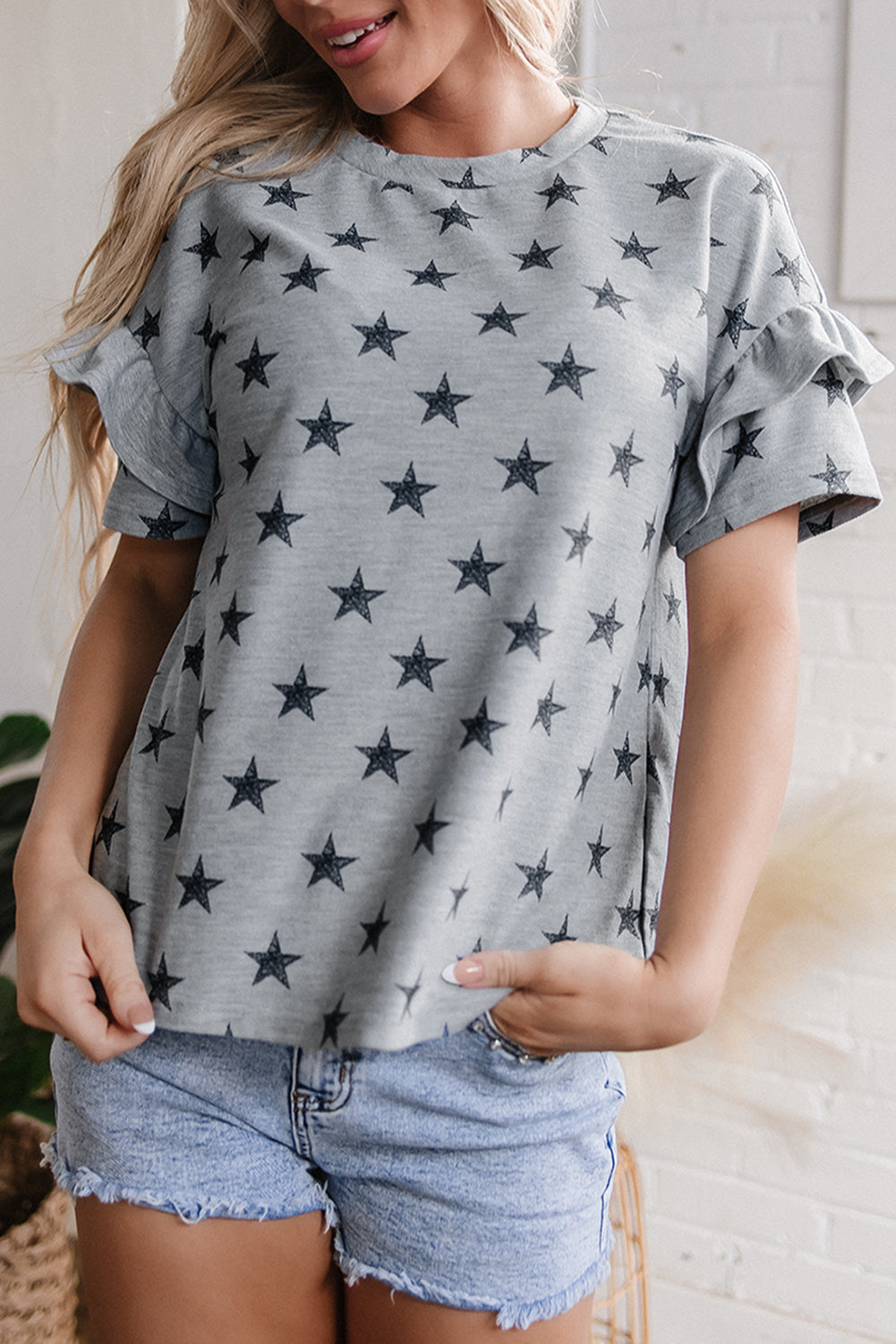 Gray Star Print Tiered Ruffled Sleeve Crew Neck T Shirt - Snoopy's Closet