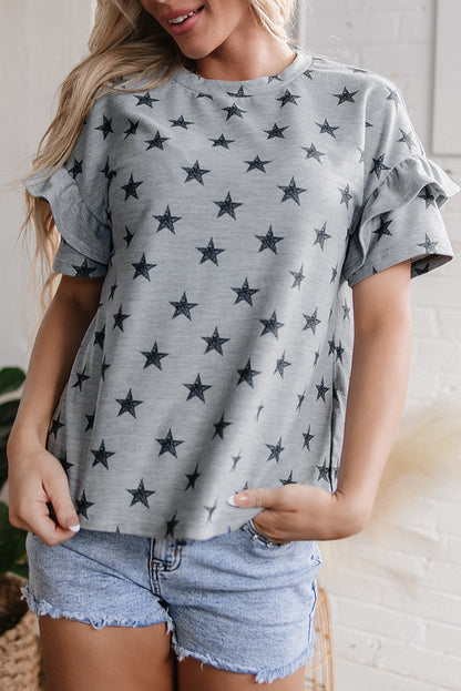 Gray Star Print Tiered Ruffled Sleeve Crew Neck T Shirt - Snoopy's Closet