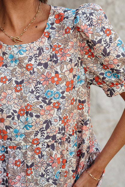 Apricot Bohemian Floral Print Short Puff Sleeve Mini Dress - Snoopy's Closet