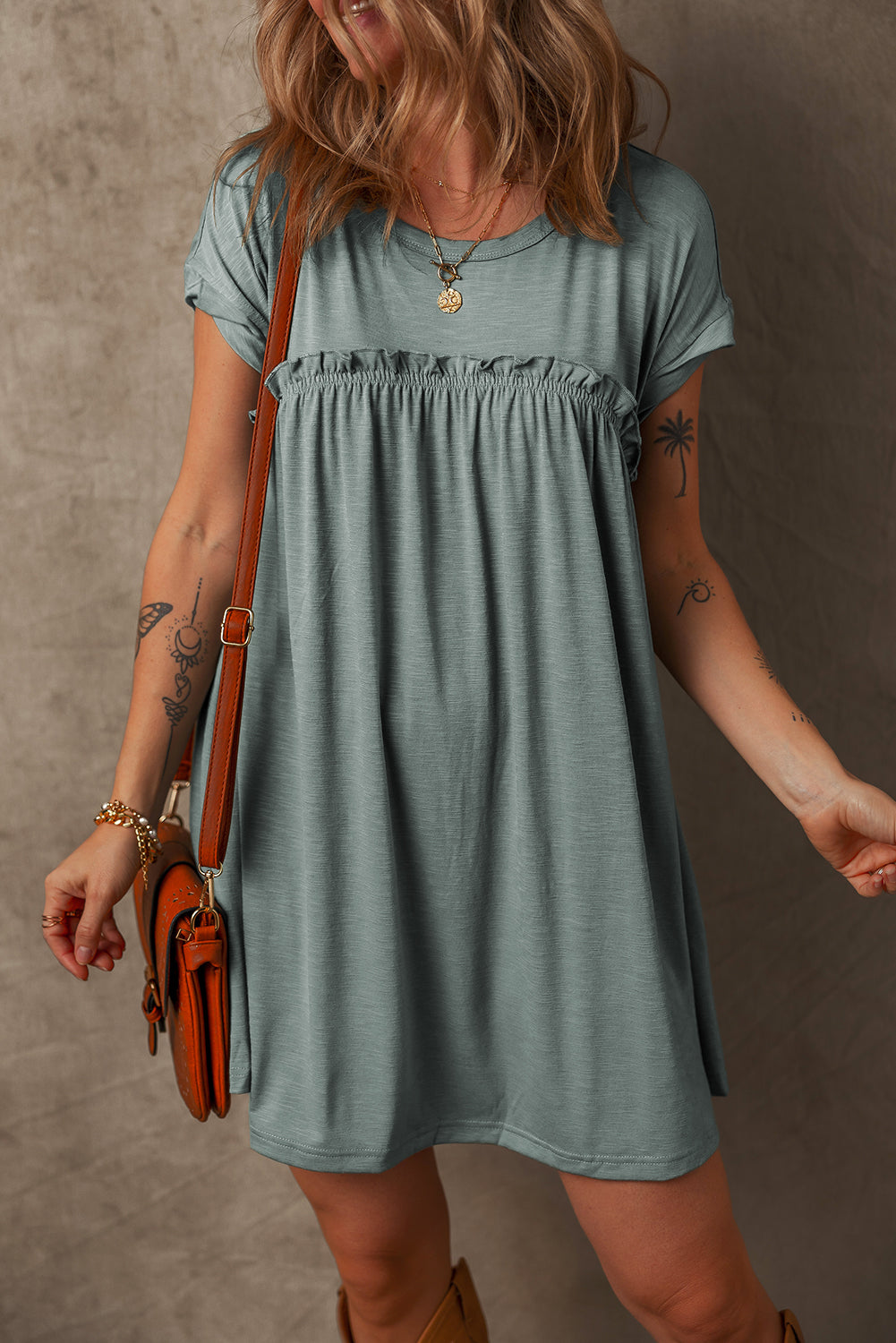 Mist Green Frilled Gathered Seam Round Neck T Shirt Dress - Snoopy's Closet