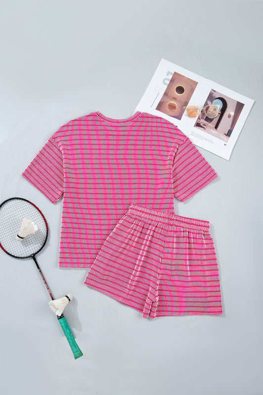 Conjunto de shorts de 2 piezas con camiseta holgada de canalé y estampado de rayas de rosas con cintura elástica con cordón