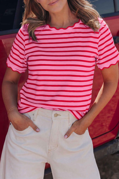 Green Stripe Scalloped Trim Round Neck T Shirt