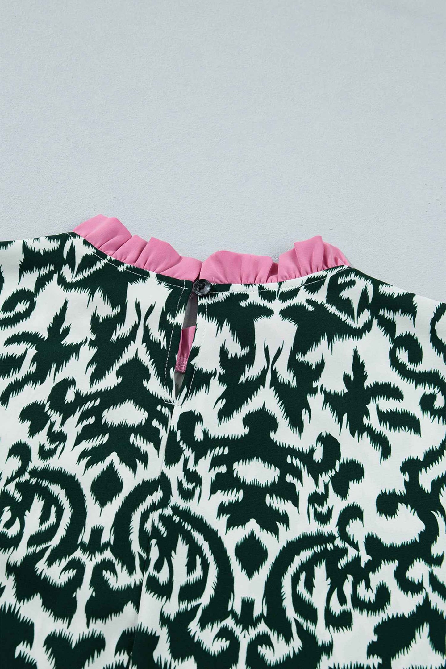 Green Damask Print Ruffled Color Block Detail Half Sleeve Blouse
