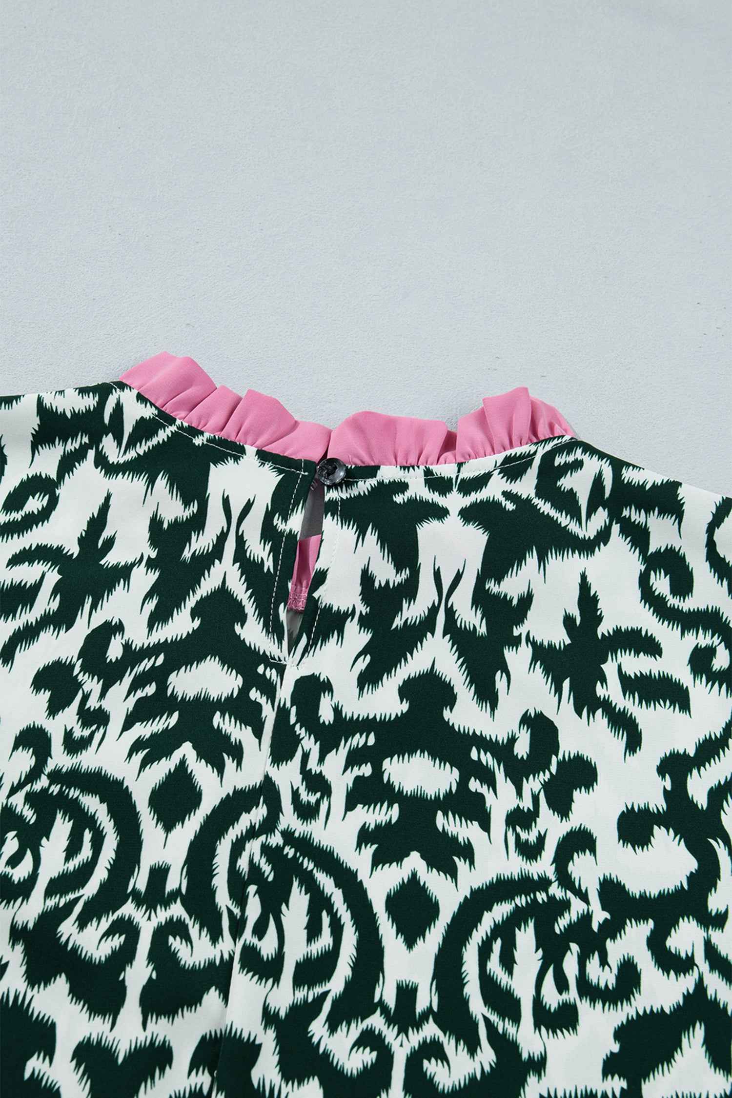 Green Damask Print Ruffled Color Block Detail Half Sleeve Blouse