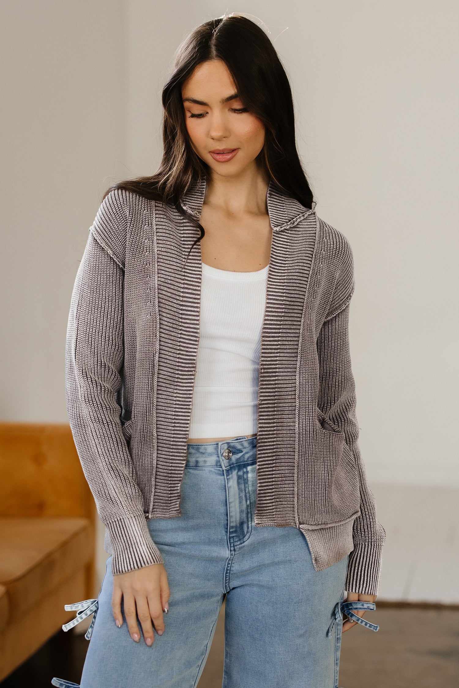 Dark Brown Mineral Wash Exposed Seam Patchwork Knit Open Sweater Cardigan - Snoopy's Closet