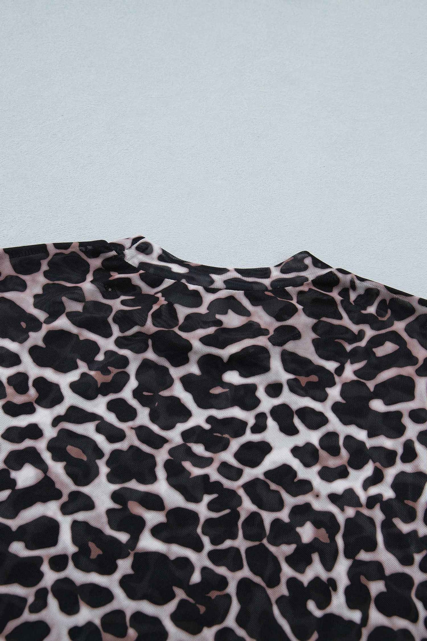 Khaki Leopard Print Sheer Mesh Short Sleeve Top