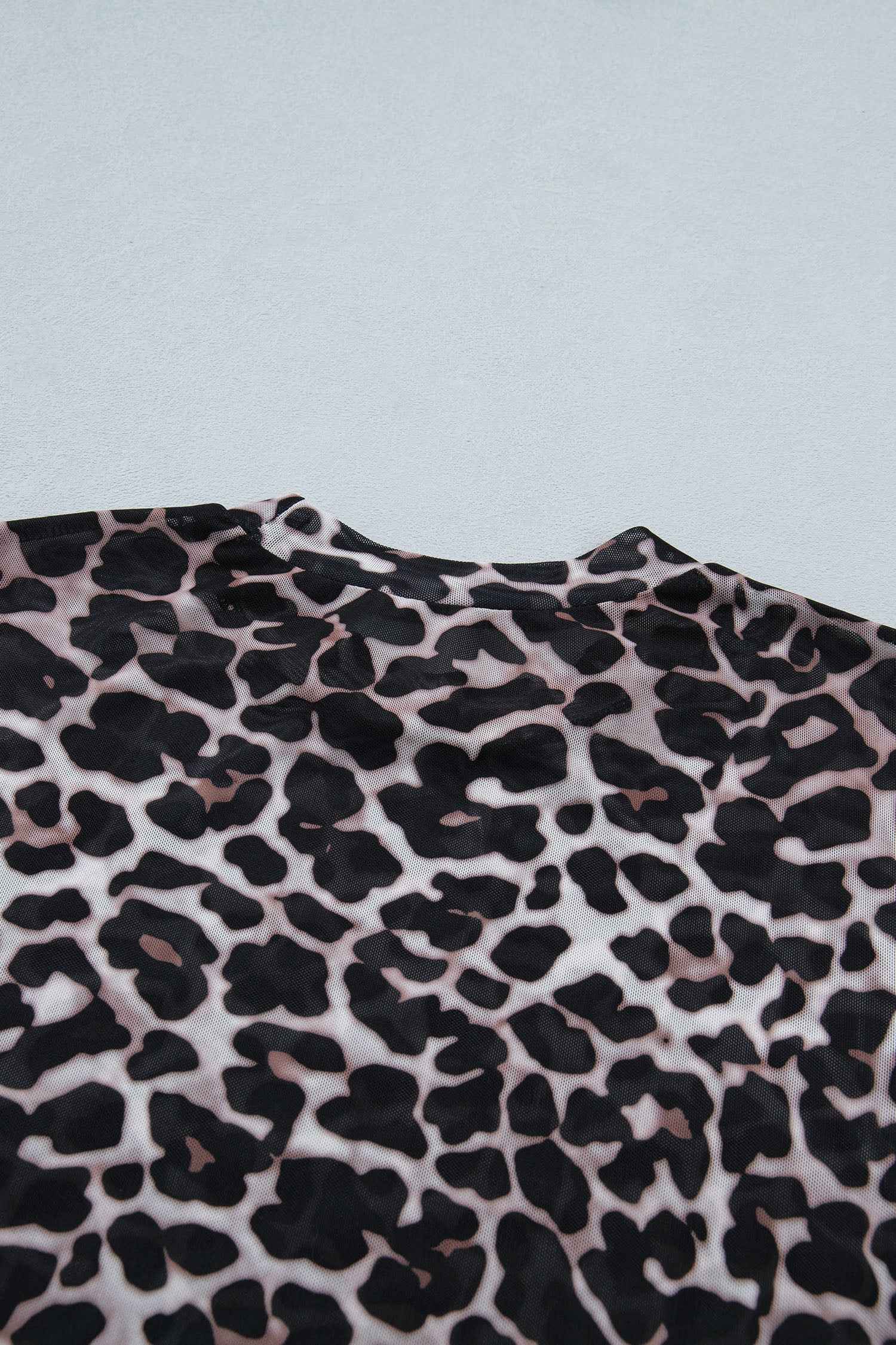 Khaki Leopard Print Sheer Mesh Short Sleeve Top