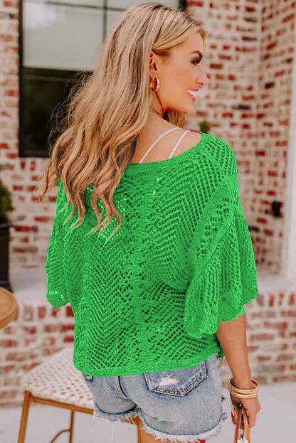 Green Pointelle Knit Scallop Edge Short Sleeve Top - Snoopy's Closet