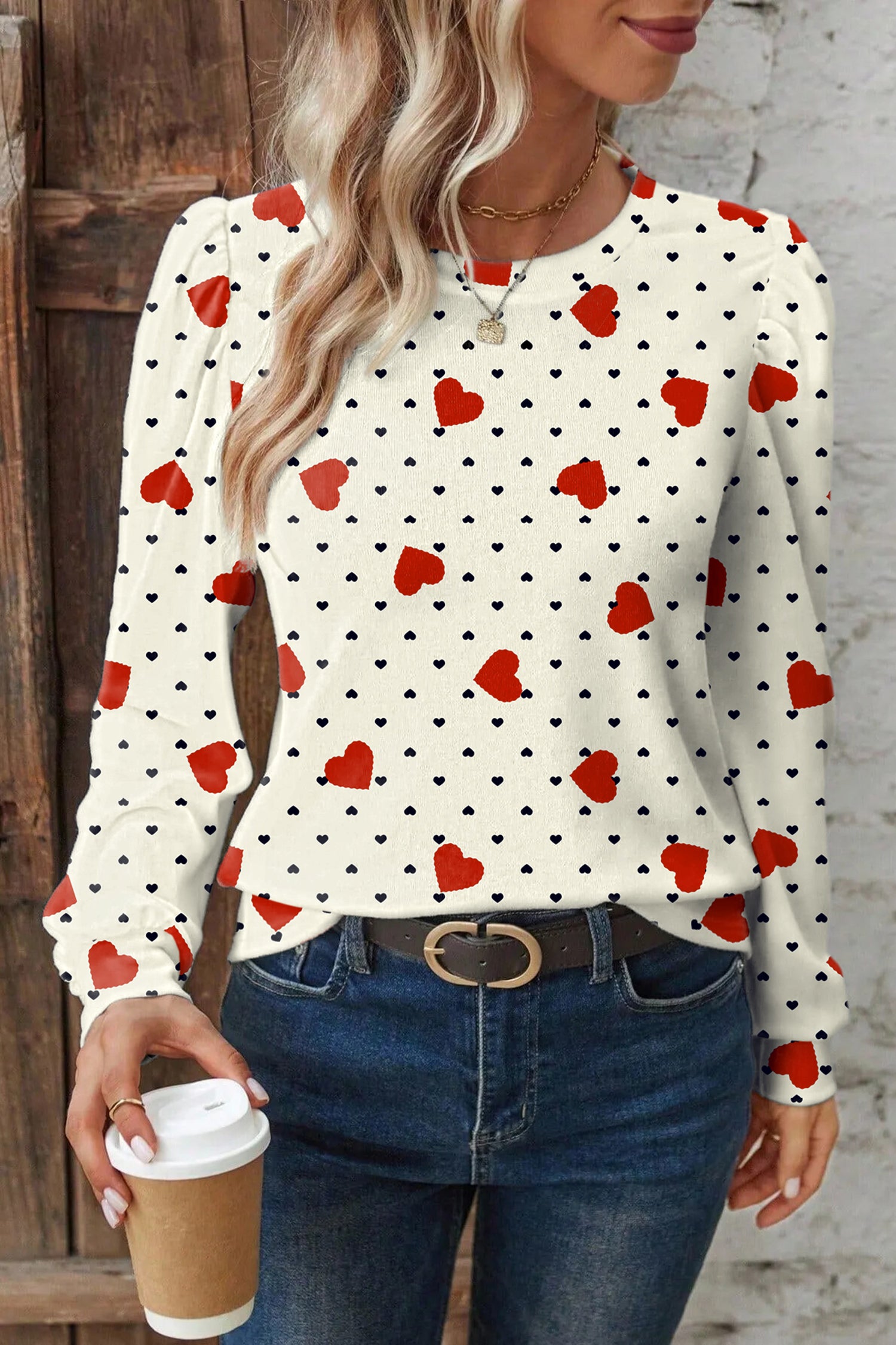 Beige Flower Heart Festive Valentine Blouse - Snoopy's Closet