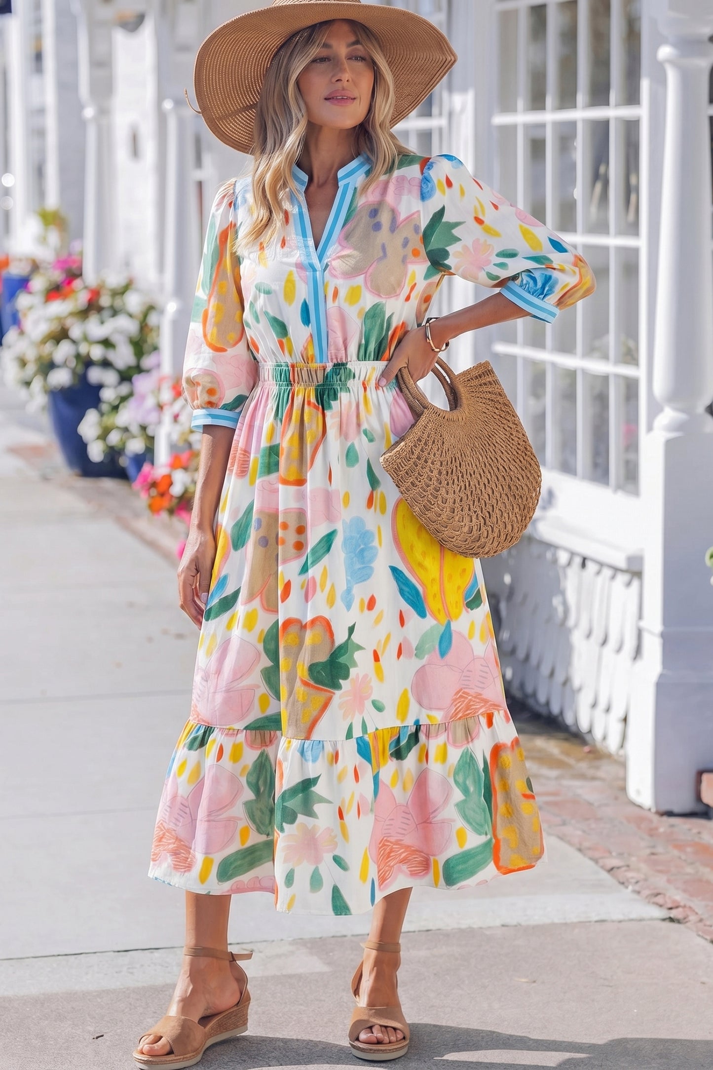 Vestido midi con cuello en V, estampado floral multicolor tipo garabato y ribete a rayas