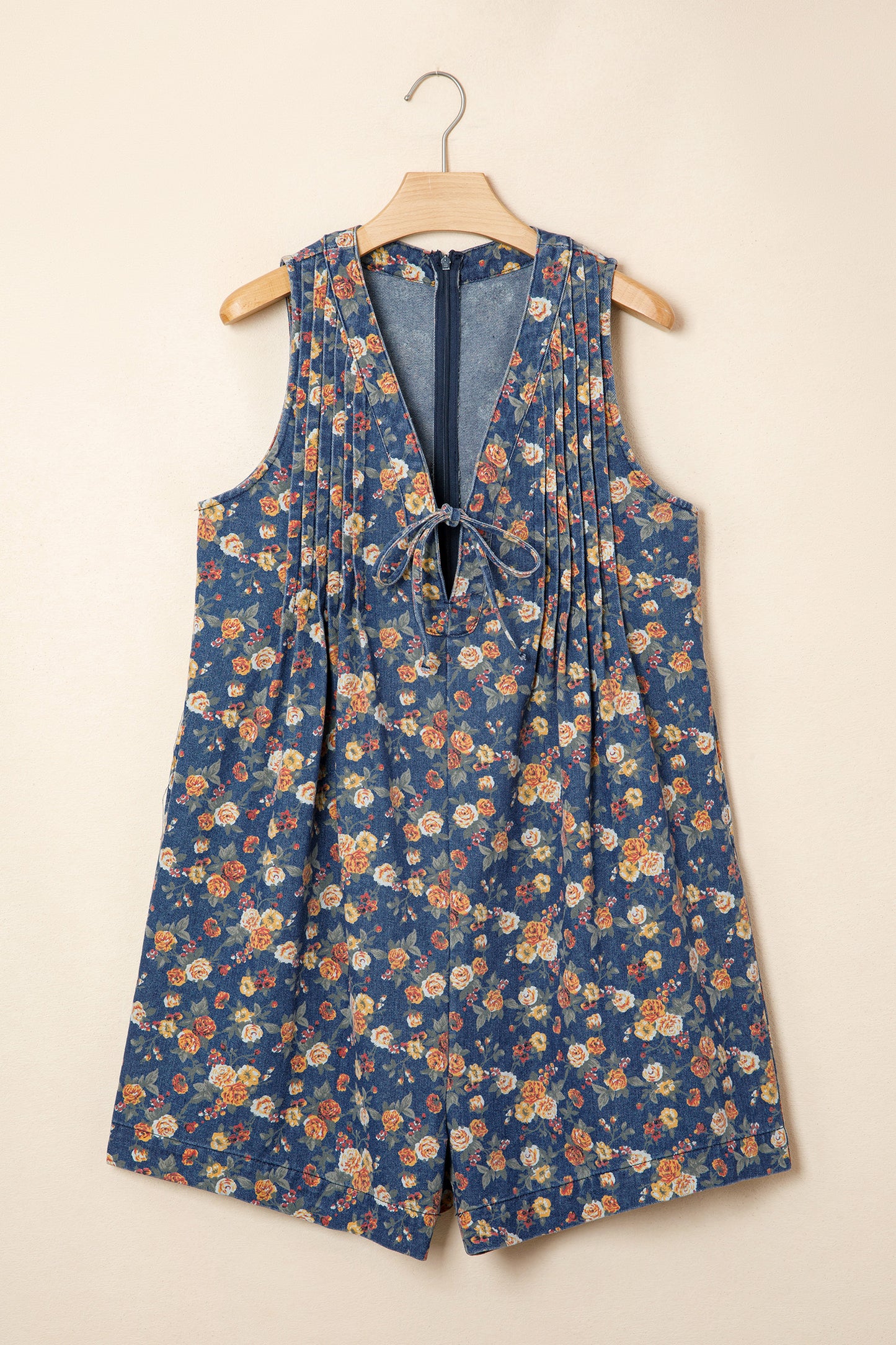 Mameluco Vaquero Holgado sin Mangas con Cuello en V, Estampado Floral Retro Azul y Lazo Plisado