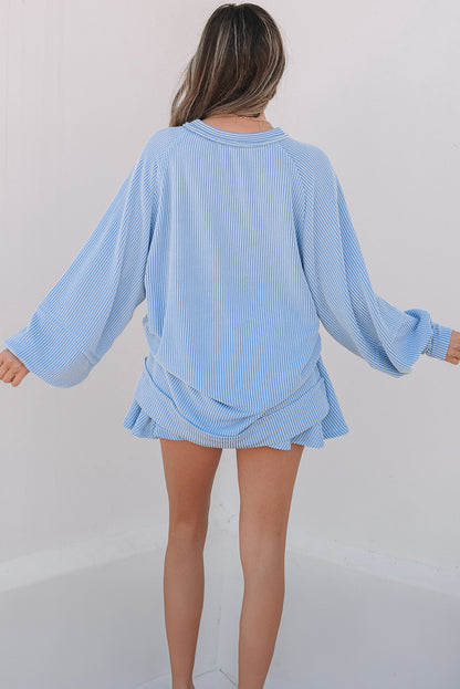Sky Blue Corded Lantern Sleeve Top High Waist Ruffled Mini Skort Set - Snoopy's Closet
