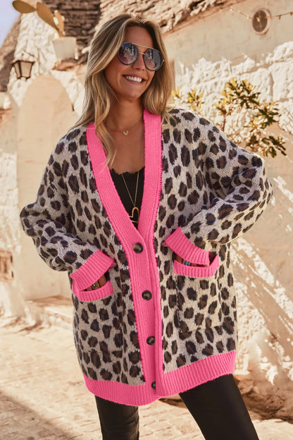 Khaki Oversize Color Block Trim Button Down Leopard Print Cardigan - Snoopy's Closet