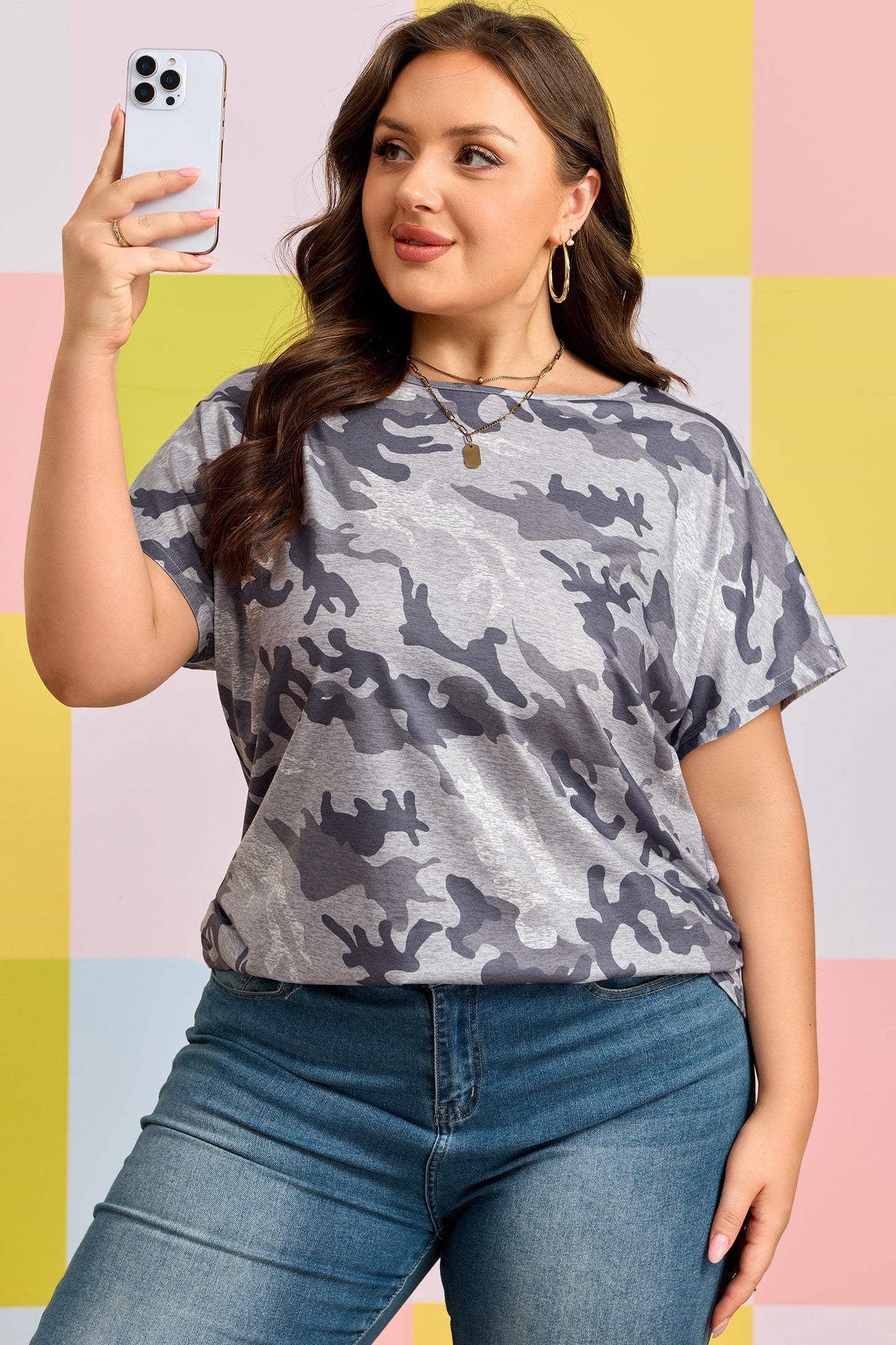 Gray Plus Size Camo Print Casual T Shirt - Snoopy's Closet