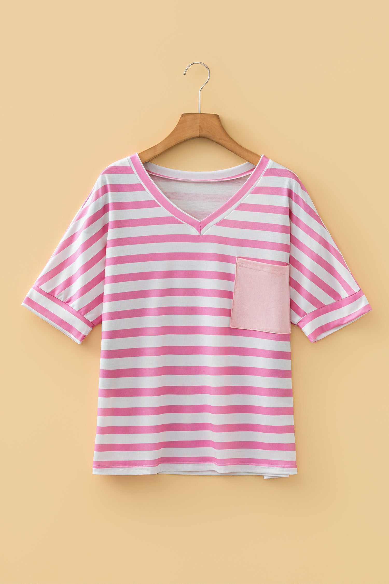 Pink Stripe V Neck Patched Pocket Casual T Shirt - Snoopy's Closet
