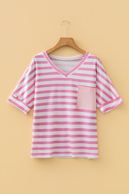 Pink Stripe V Neck Patched Pocket Casual T Shirt - Snoopy's Closet