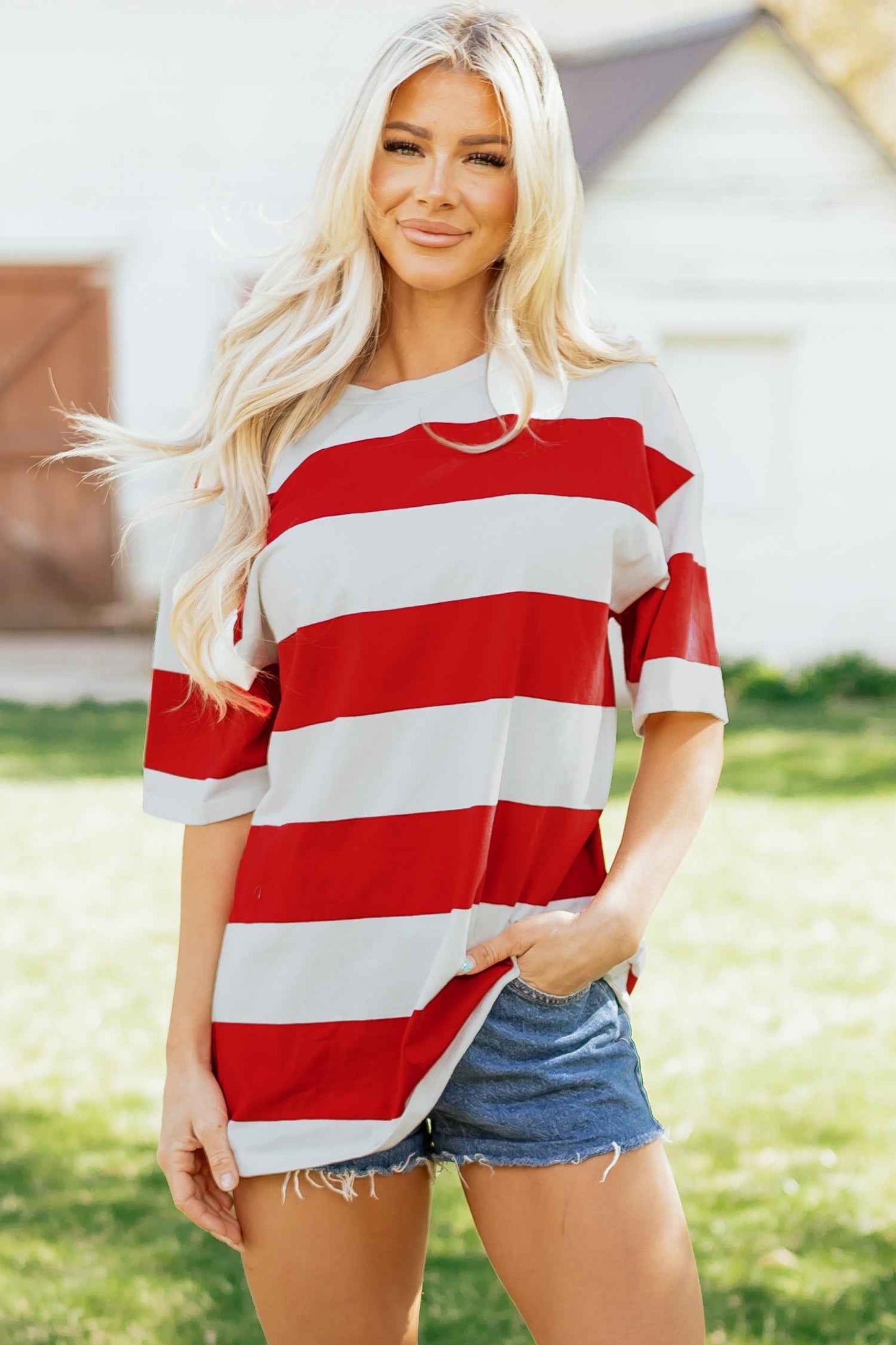 Bright Pink Striped Color Block Oversize Tunic Tee