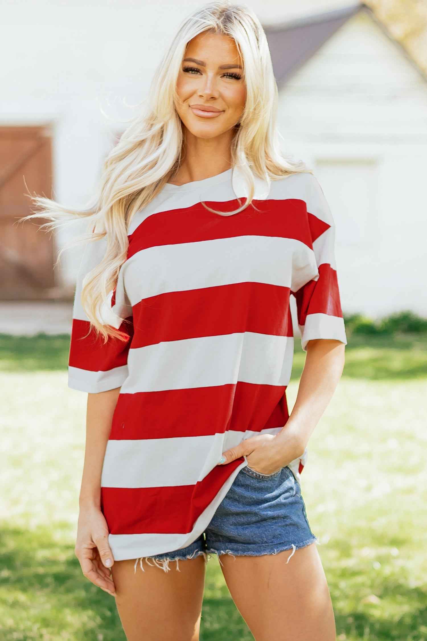 Bright Pink Striped Color Block Oversize Tunic Tee