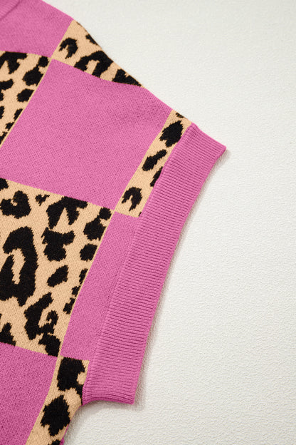 Suéter de punto de manga corta a cuadros leopardo rojo rosa
