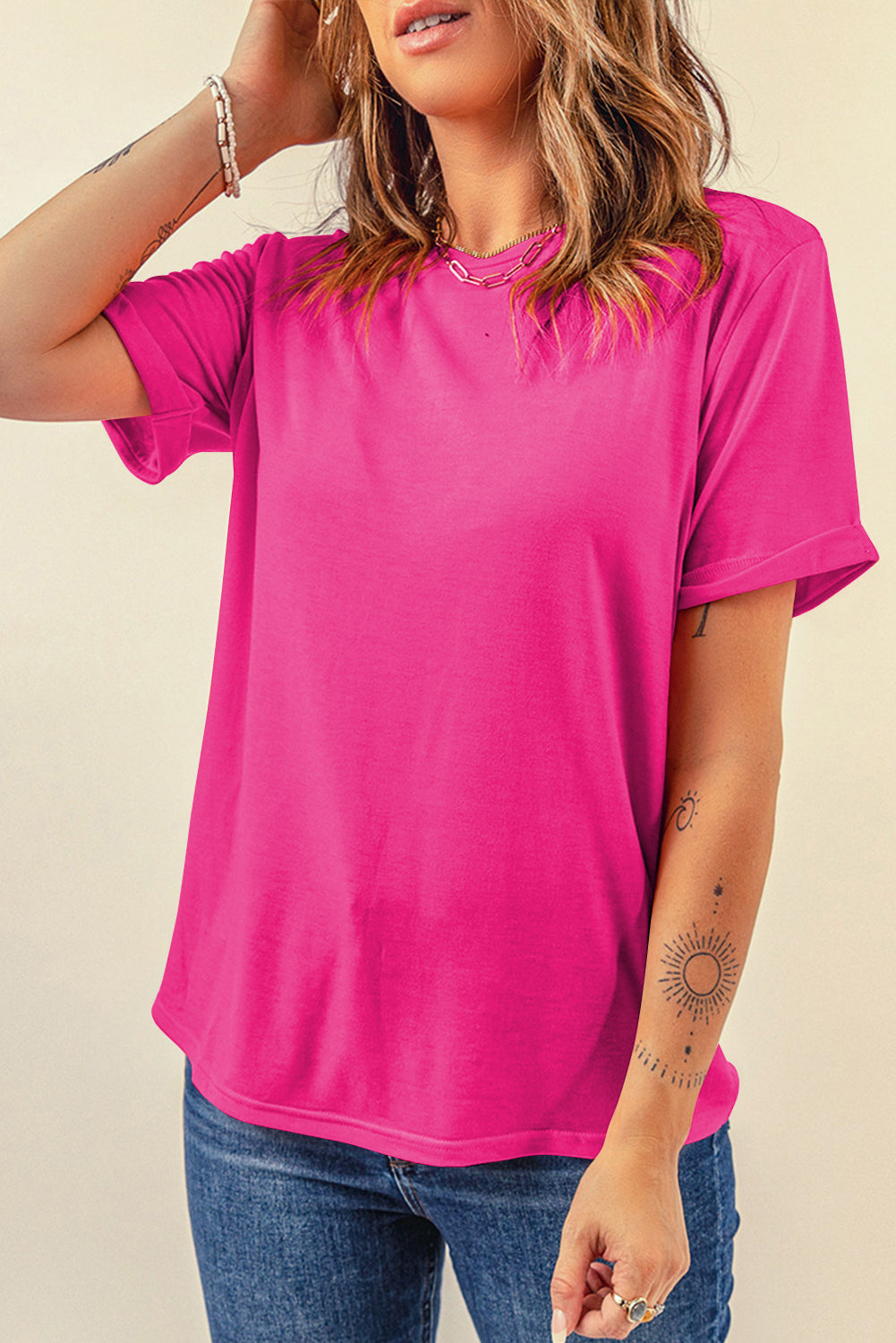 Rose Red Casual Plain Crew Neck Tee - Snoopy's Closet