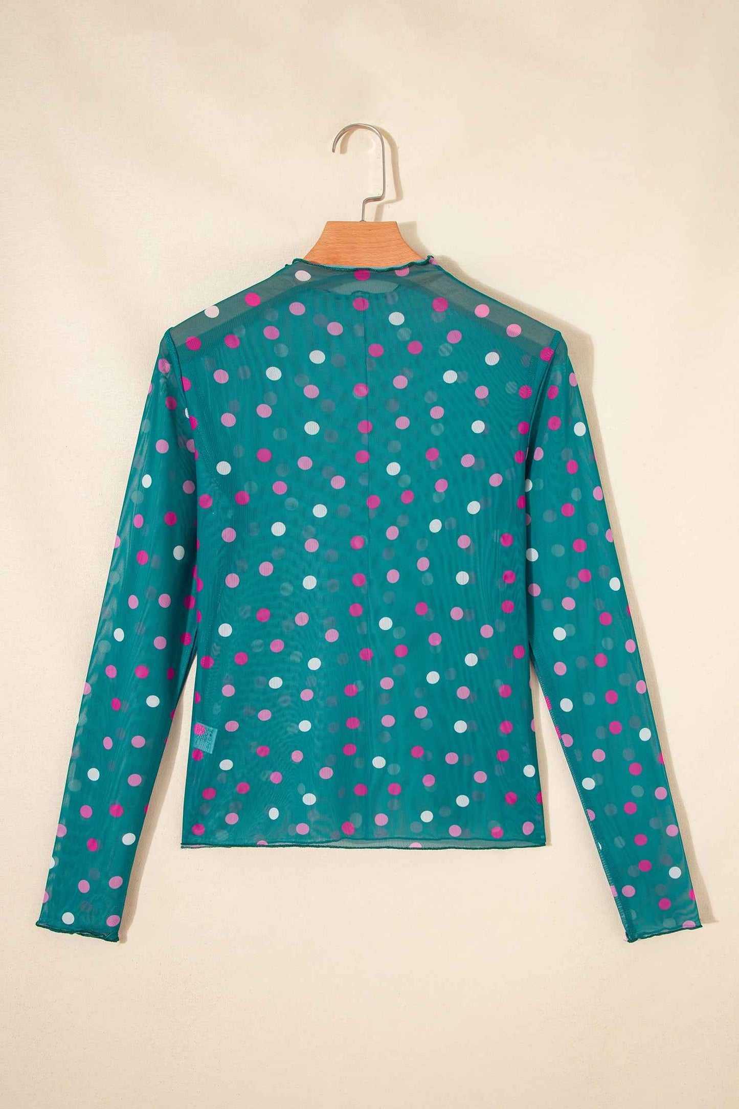Red Polka Dot Patterned Bodycon Mock Neck Mesh Long Sleeve Top