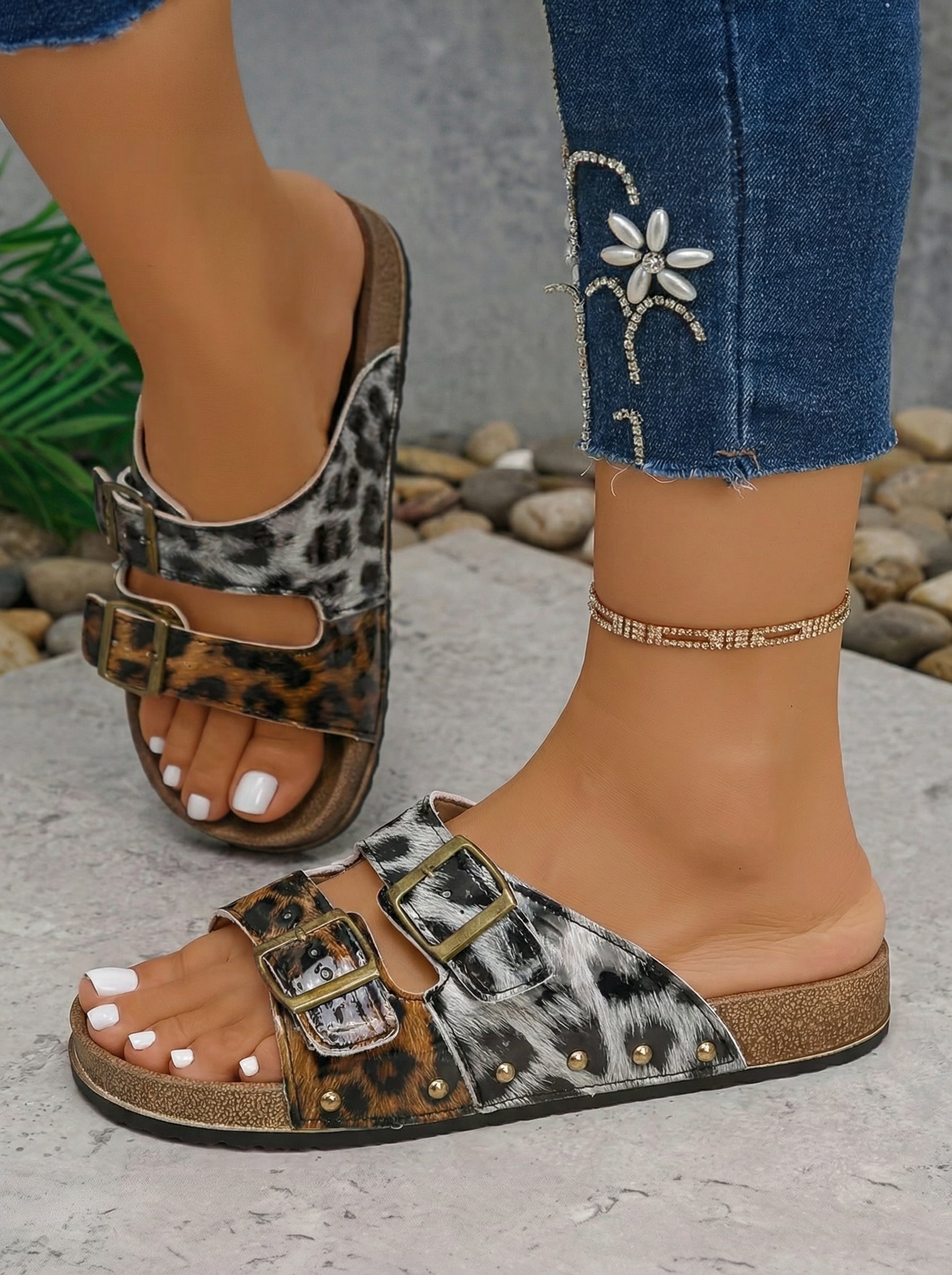 Coffee Leopard Two-tone Retro Buckle Straps Hollowed Faux Suede Slippers - Snoopy's Closet