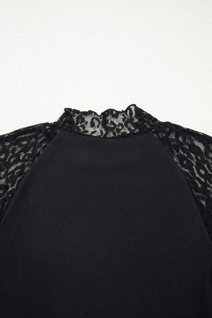 Black Leopard Mesh Patchwork Knit Long Sleeve Top - Snoopy's Closet