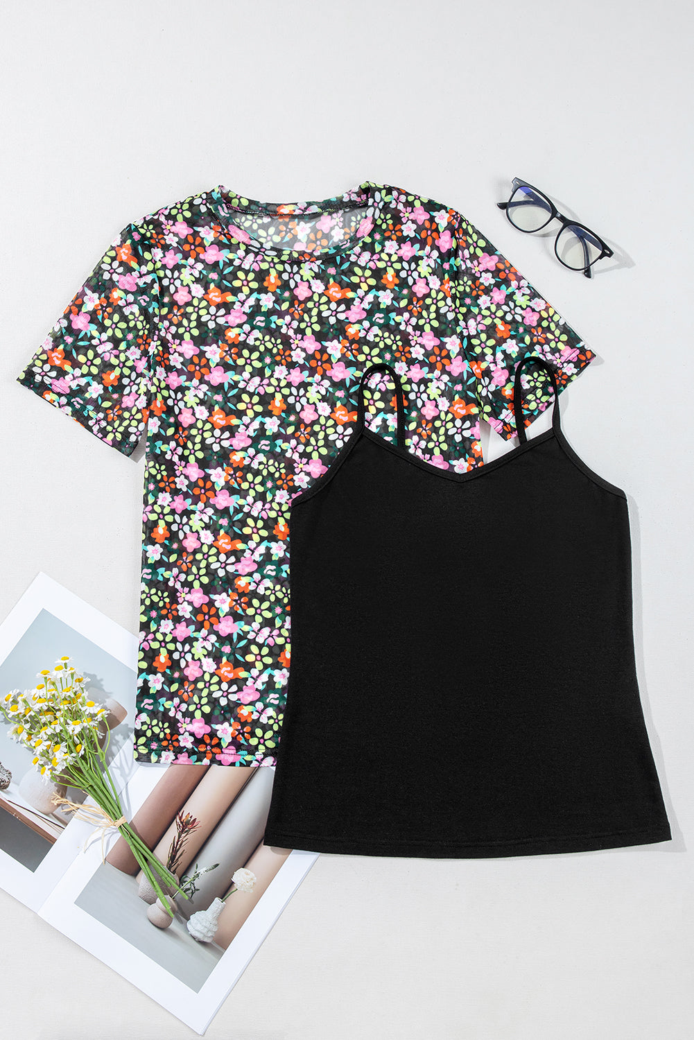 Black Sheer Floral Mesh Round Neck T Shirt - Snoopy's Closet