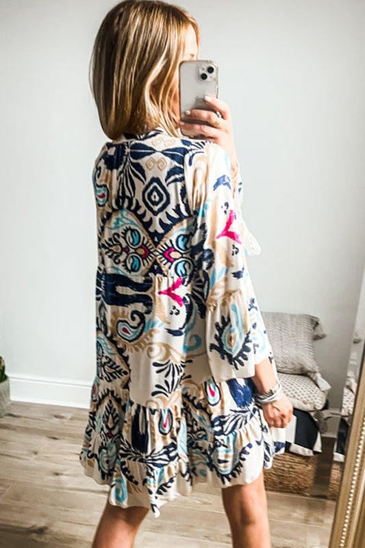 White Printed Tribal Bracelet Sleeve Buttoned Mini Dress - Snoopy's Closet