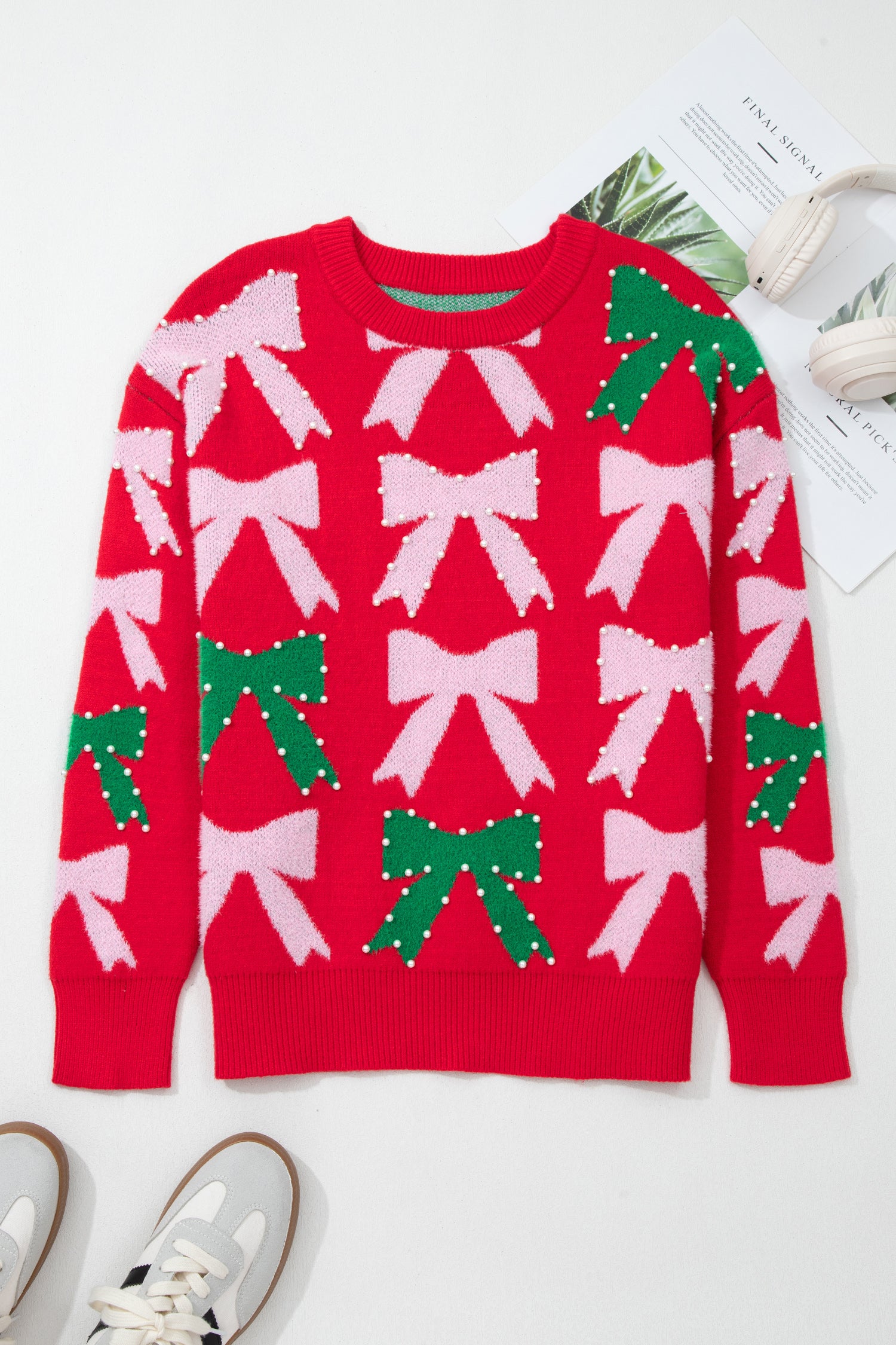 Fiery Red Bow Pearl Embellished Christmas Holiday Sweater - Snoopy's Closet