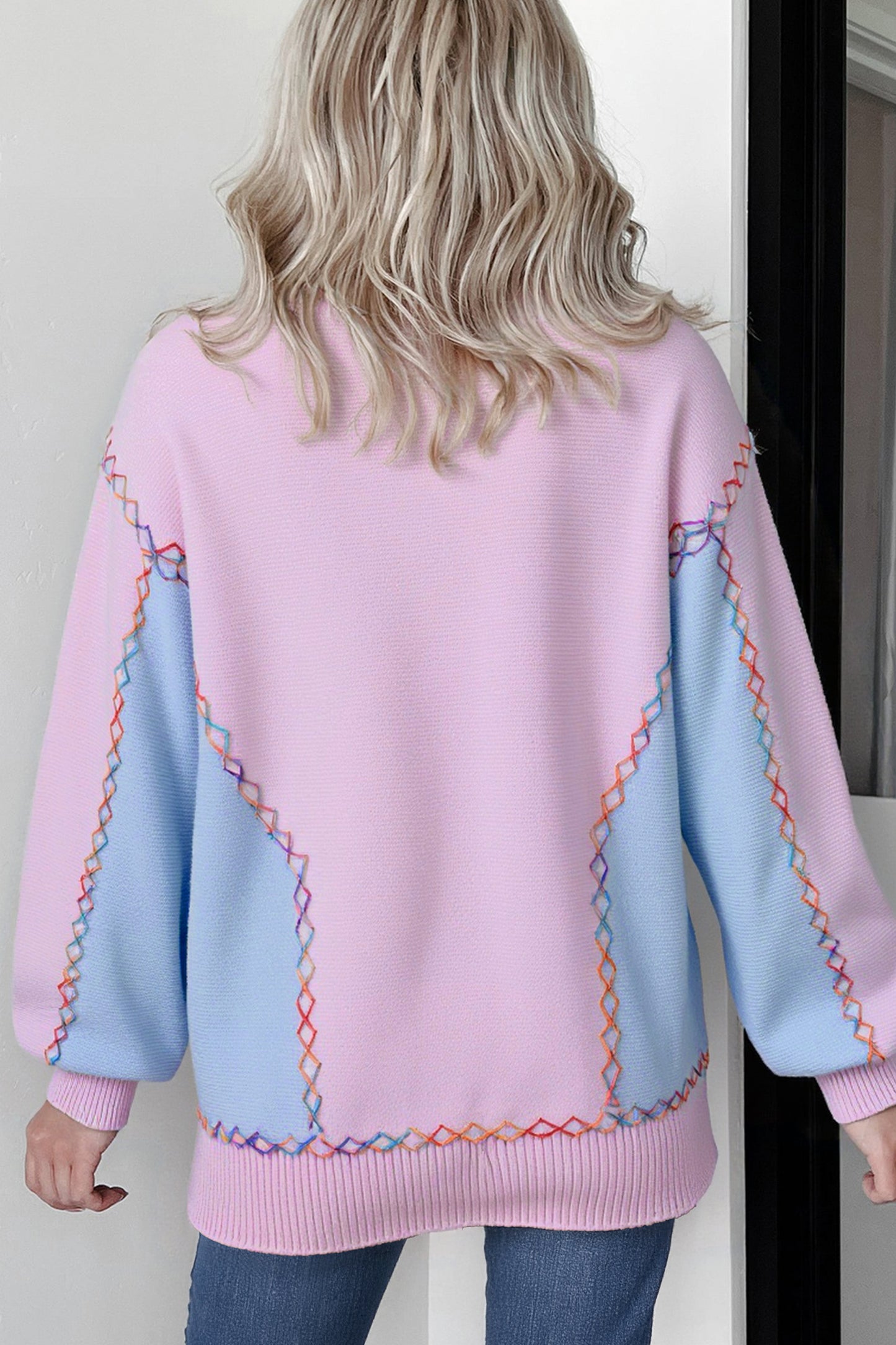 Orchid Bouquet Rainbow Stitching Balloon Sleeve Relaxed Sweater - Snoopy's Closet