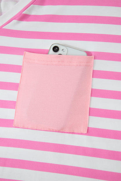 Pink Stripe Colorblock Patched Pocket V Neck Plus Size Tee - Snoopy's Closet