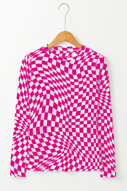 Black Checkered Pattern Mesh Mock Neck Long Sleeve Top - Snoopy's Closet