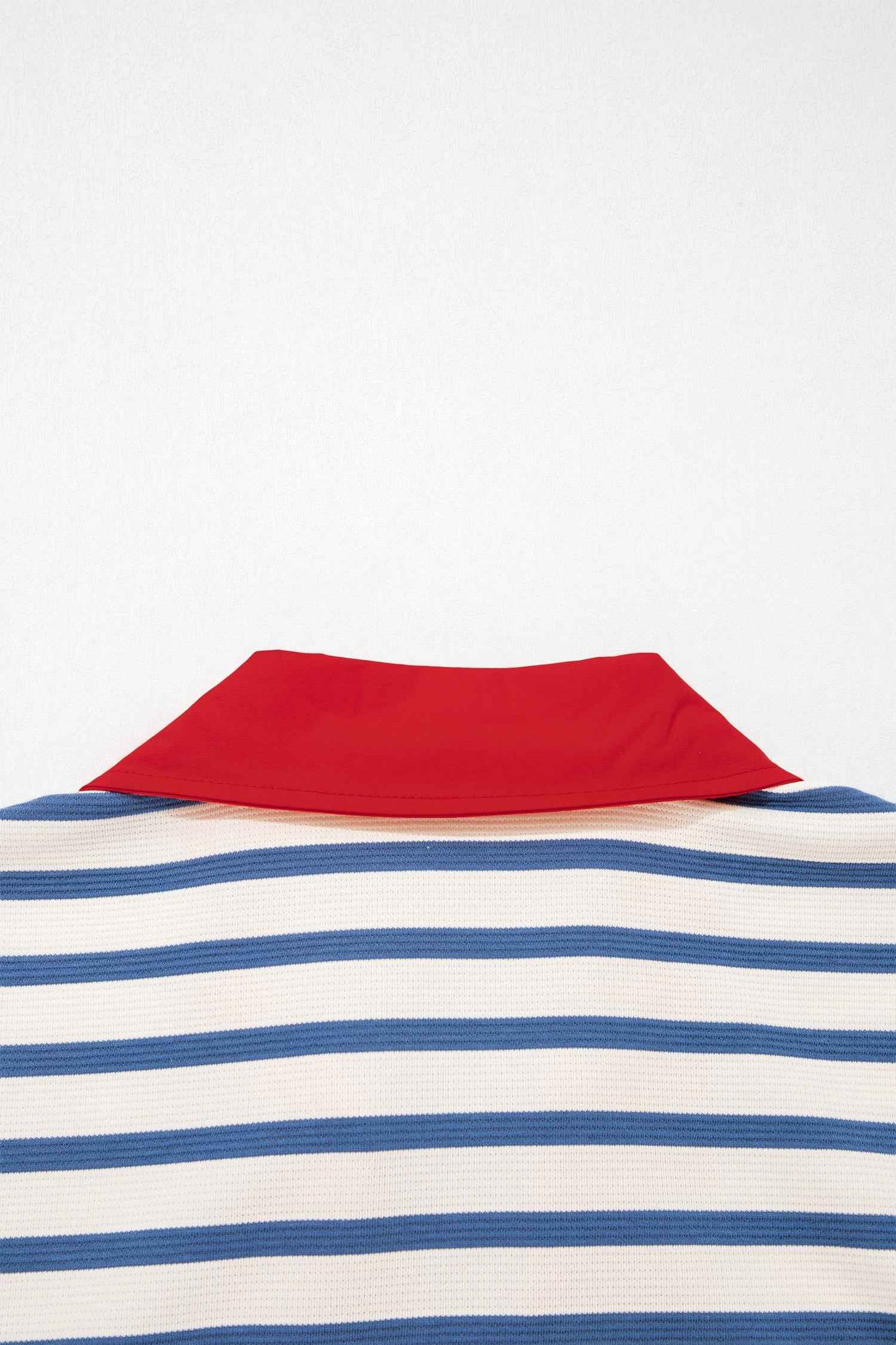 Blue Stripe Short Puff Sleeve Color Block Polo Collar Blouse