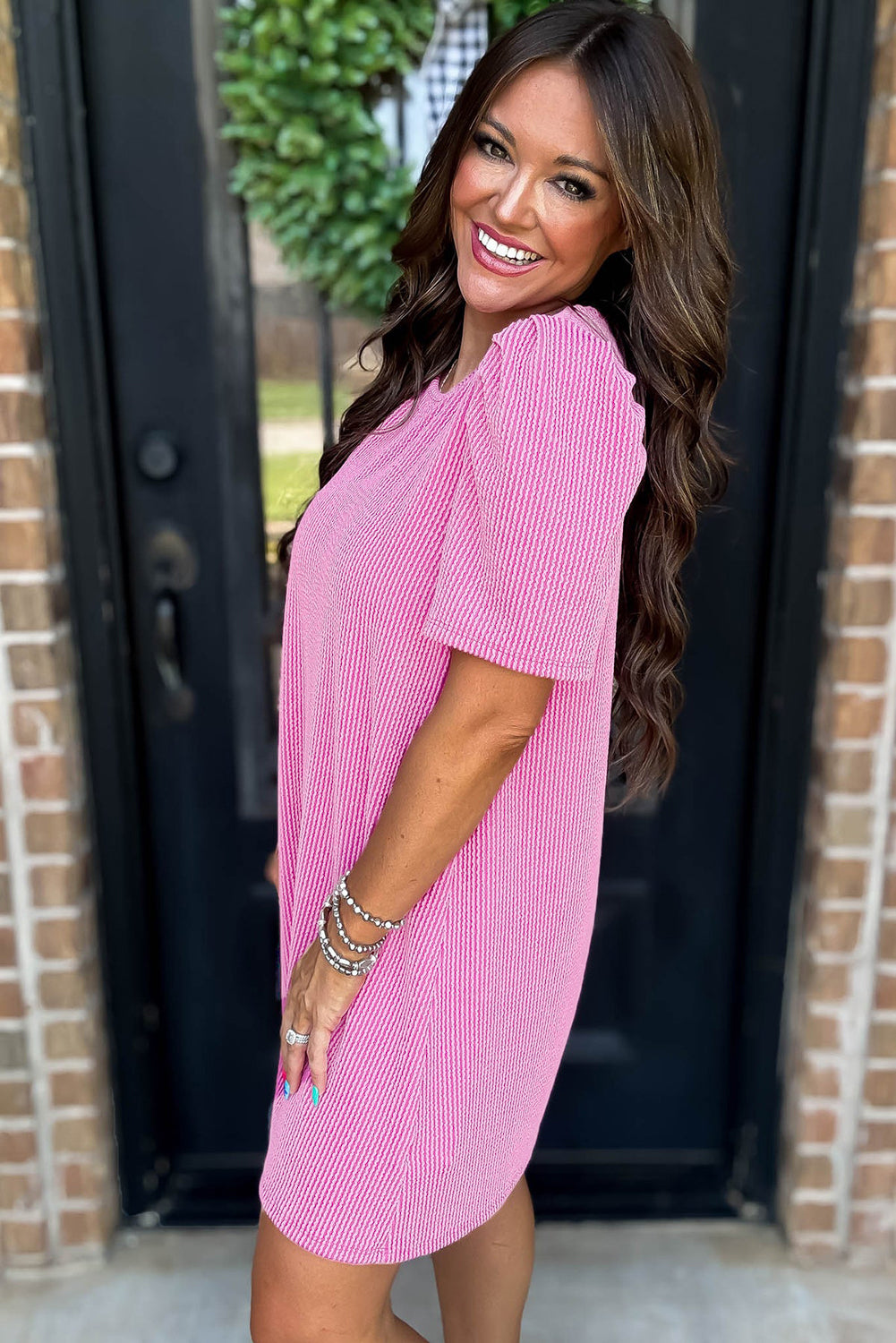 Bright Pink Corded Knit Crew Neck Puff Sleeve Shift Mini Dress - Snoopy's Closet