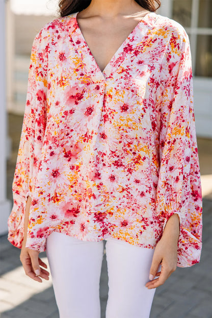 Pink Ditsy Floral Bubble Sleeve V Neck Blouse - Snoopy's Closet
