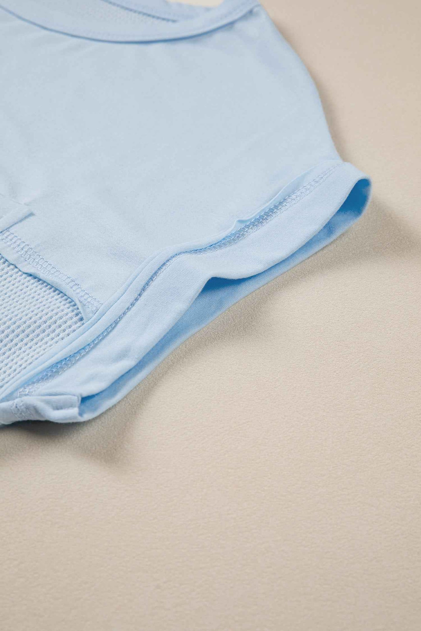 Pink Solid Color Raw Seam Waffled Patchwork Casual T Shirt