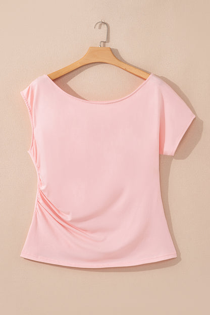 Gossamer Pink Plus Size Solid Color Asymmetric Neck Short Sleeve Blouse - Snoopy's Closet