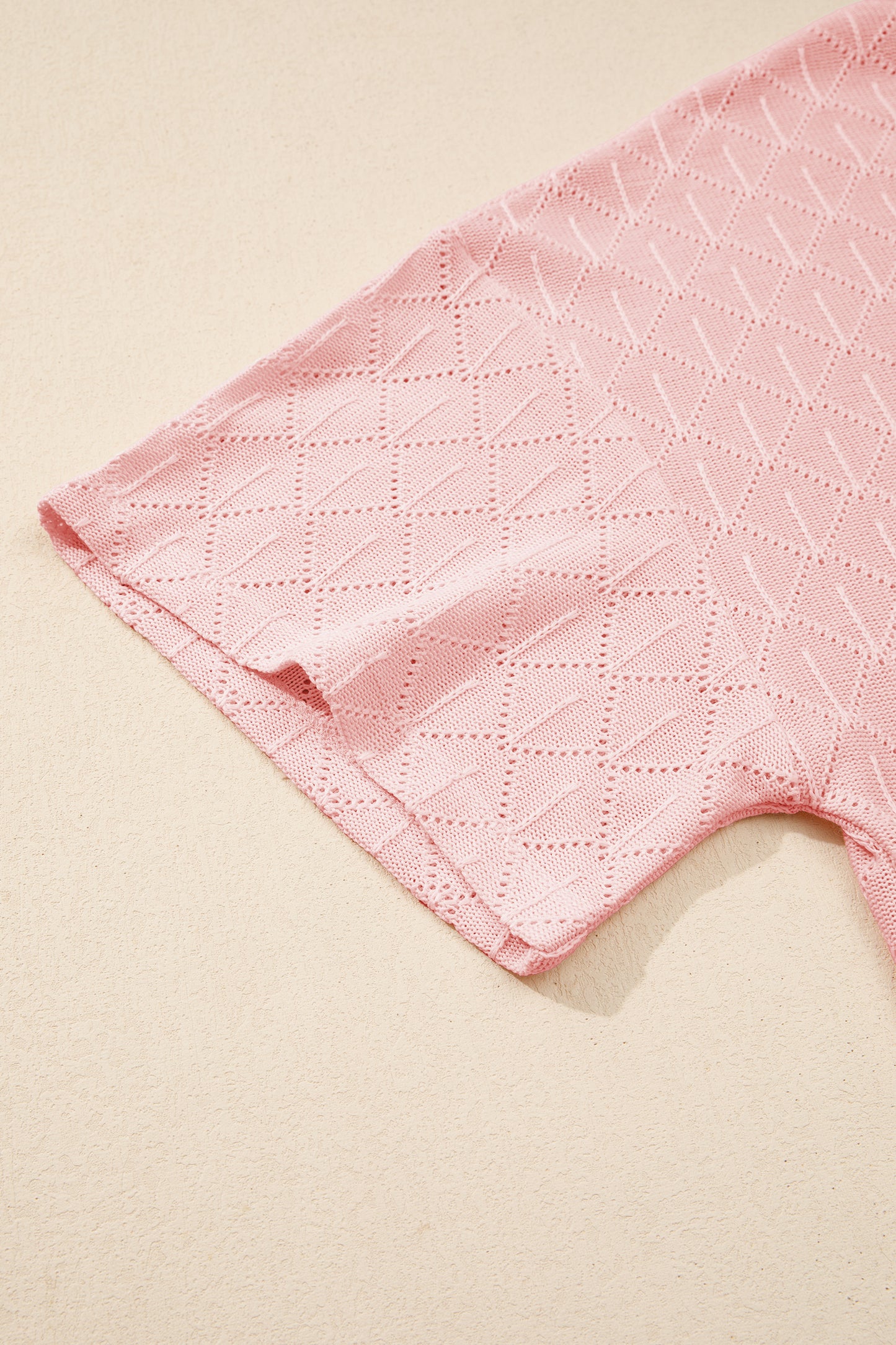 Light Pink Pointelle Rhombus Knit Plus Size V Neck Loose Top
