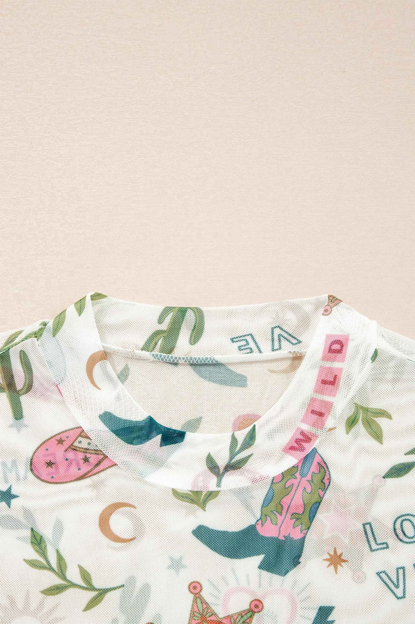 White LOVE WILD DREAMER Western Print Sheer Mesh Top